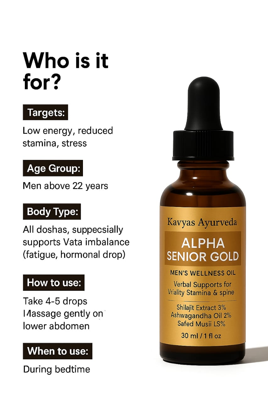 Kavyas Ayurveda Alpha Senior Gold Combo Kit β Ayurvedic Capsule, Oil & Powder for Strength, Stamina & Performance (30 Capsules + 30ml Oil + 250g Powder)