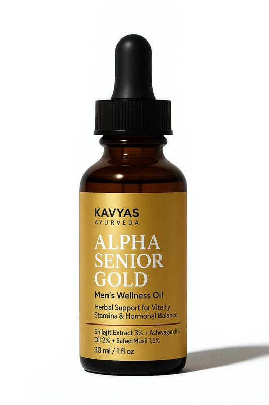 Kavyas Ayurveda Alpha Senior Gold Combo Kit – Ayurvedic Capsule, Oil & Powder for Strength, Stamina & Performance (30 Capsules + 30ml Oil + 250g Powder)