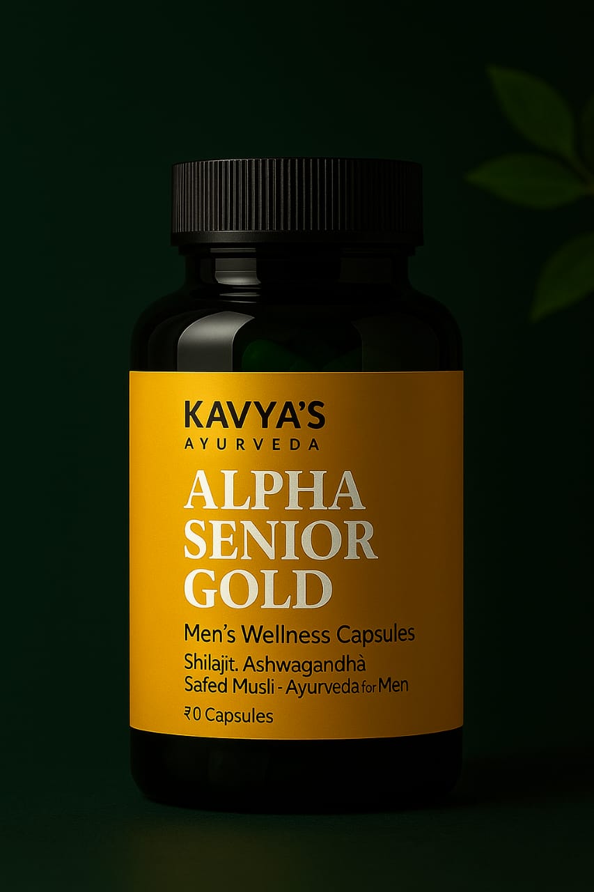 Kavyas Ayurveda Alpha Senior Gold Combo Kit – Ayurvedic Capsule, Oil & Powder for Strength, Stamina & Performance (30 Capsules + 30ml Oil + 250g Powder)