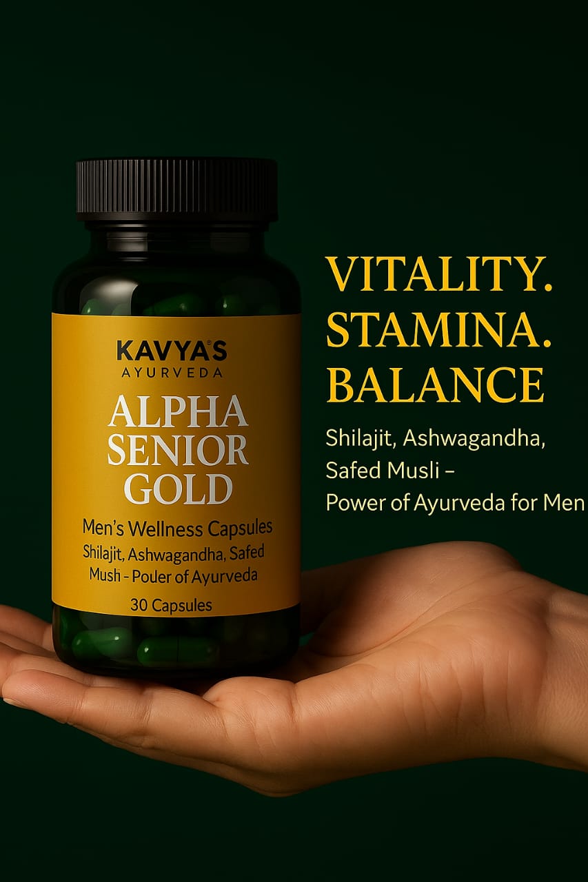 Kavyas Ayurveda Alpha Senior Gold Combo Kit – Ayurvedic Capsule, Oil & Powder for Strength, Stamina & Performance (30 Capsules + 30ml Oil + 250g Powder)